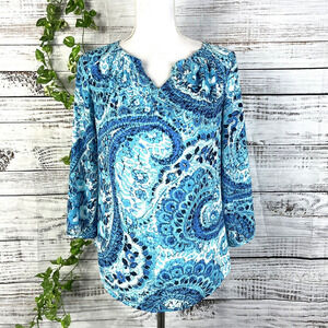 Talbots Blouse Top size Extra Small Blue Paisley Smocking Prairie Boho Peasant